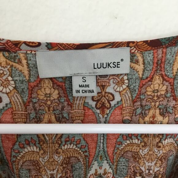 Luukse Allover Print Flounce Sleeve A-Line Kaftan Maxi Dress Boho Hippie Sz S - Picture 5 of 9